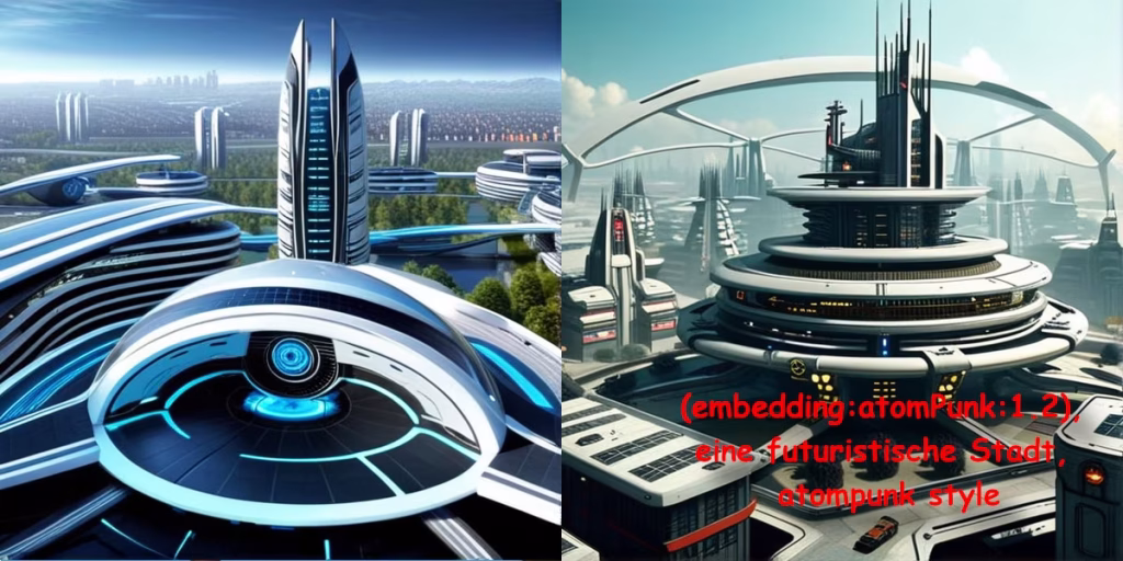 (embedding:atomPunk:1.2), eine futuristische Stadt, atompunk style -Embeddings sind eine einfache und effektive Methode, um deinen KI-Bildern in ComfyUI eine persönliche Note zu verleihen und bessere Ergebnisse zu erzielen. 