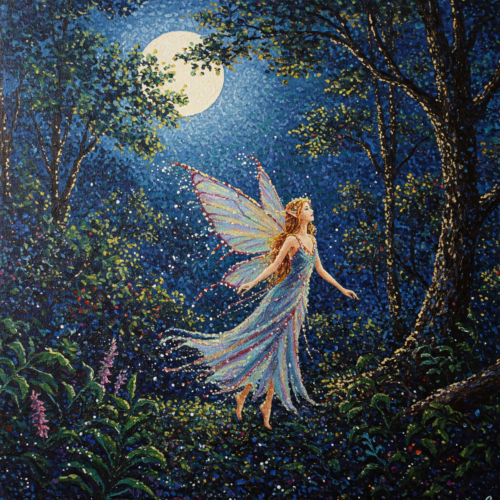 Bezaubernde Fee im Wald bei Vollmond im Stil des Pointillismus.