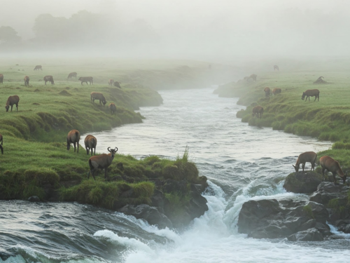 Fluss mit Wasserfall im Nebel