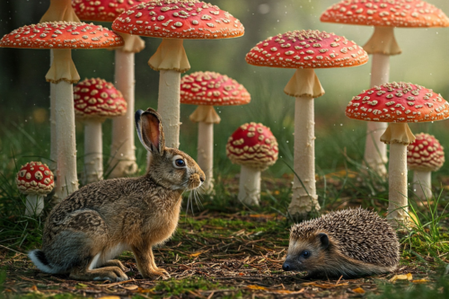 Hase und Igel vor einem Wald aus Pilzen