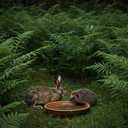 Hase und Igel trinken im Wald auf einer Mini-Lichtung, umgeben von Farn