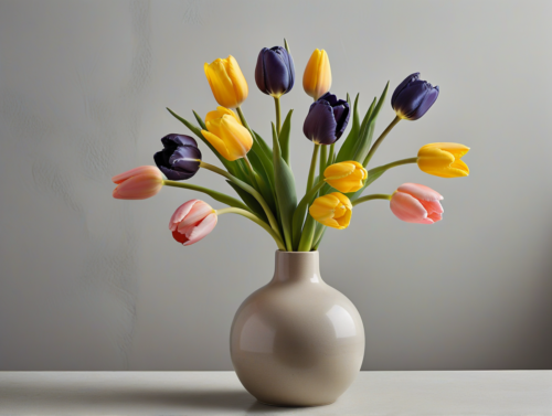 Ein Strauß Frühlingsblumen in einer kleinen Vase, im Stil Bauhaus